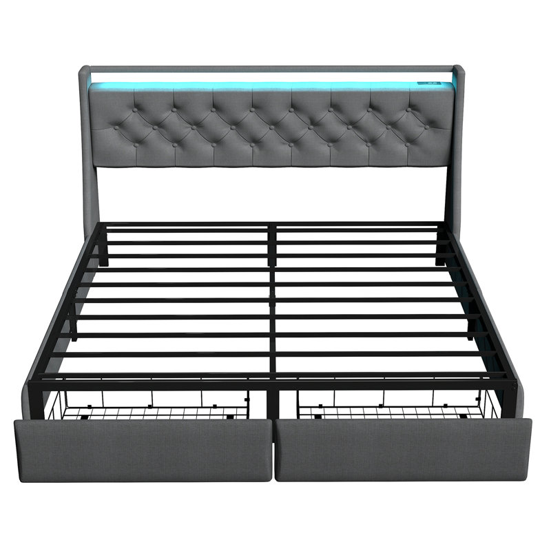Upholstered Storage Platform Bed with 2 Drawers, Bed Frame with Storage Headboard, Charging Station and LED Lights, Full