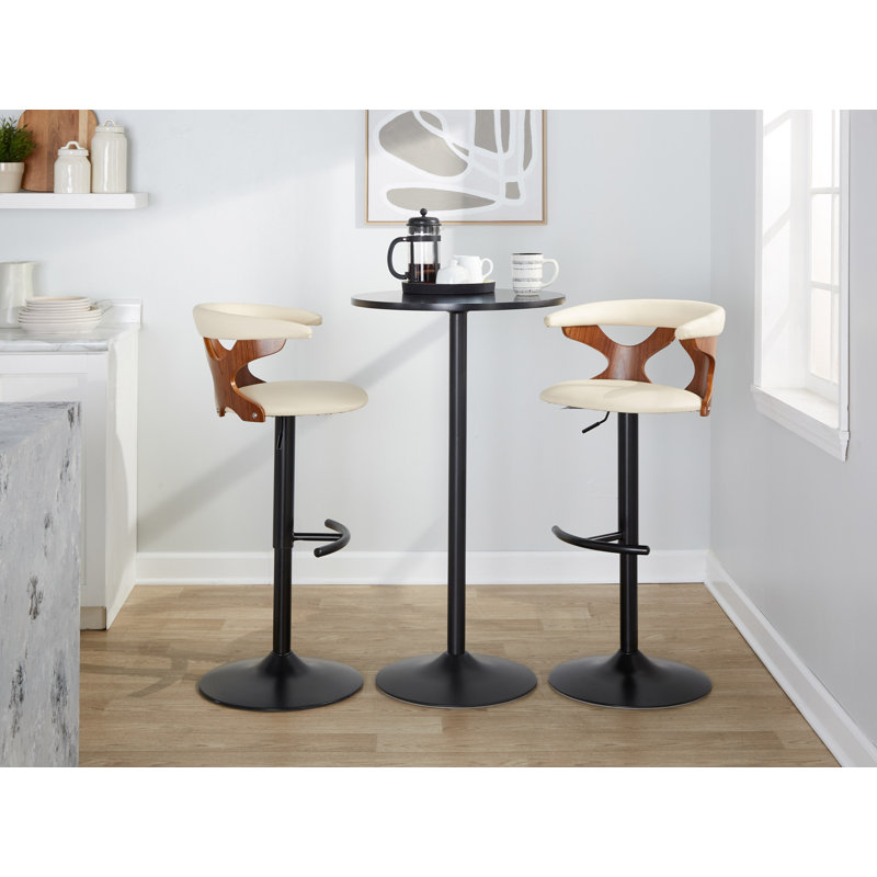 Laquietta Adjustable Height Faux Leather Bar Stool with Rounded T Footrest, Black/Walnut, Cream