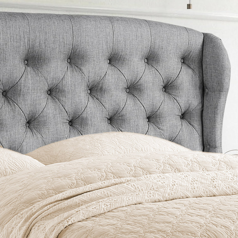 Lit tapissier en tissu, base de lit à hauteur réglable capitonnée, Gris, Double