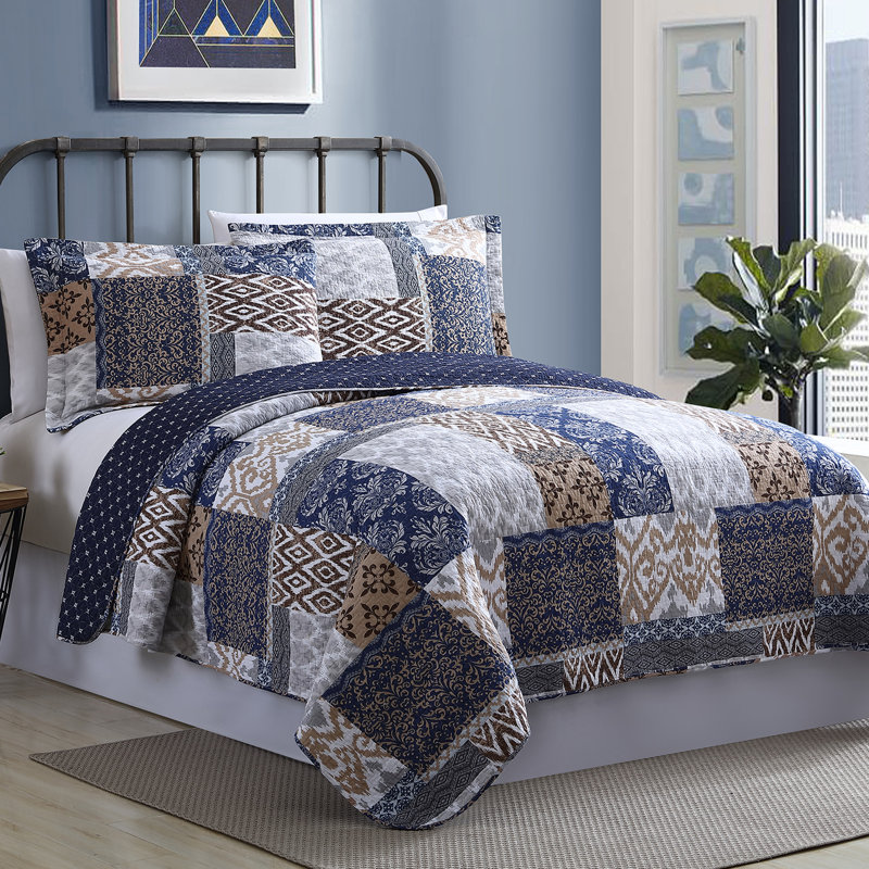 Blue and Beige Cotton Reversible Full Quilt Set