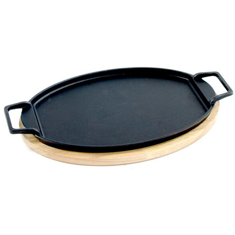 Large Black Cast Iron Fajita Pan with Wooden Trivet