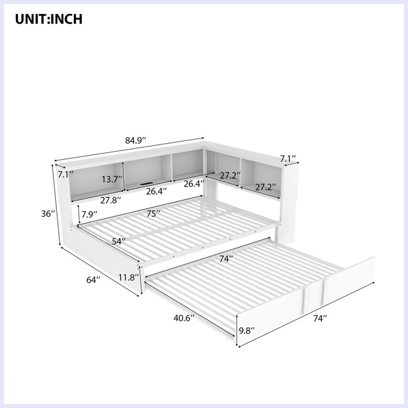 Lit de jour moderne en métal avec couchette, armoires de rangement et ports USB, Blanc