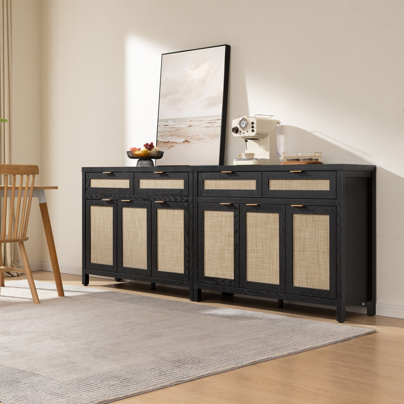 43.39'' W 2-Drawer And 3-Door Rattan Sideboard With Adjustable Shelves, Black Oak