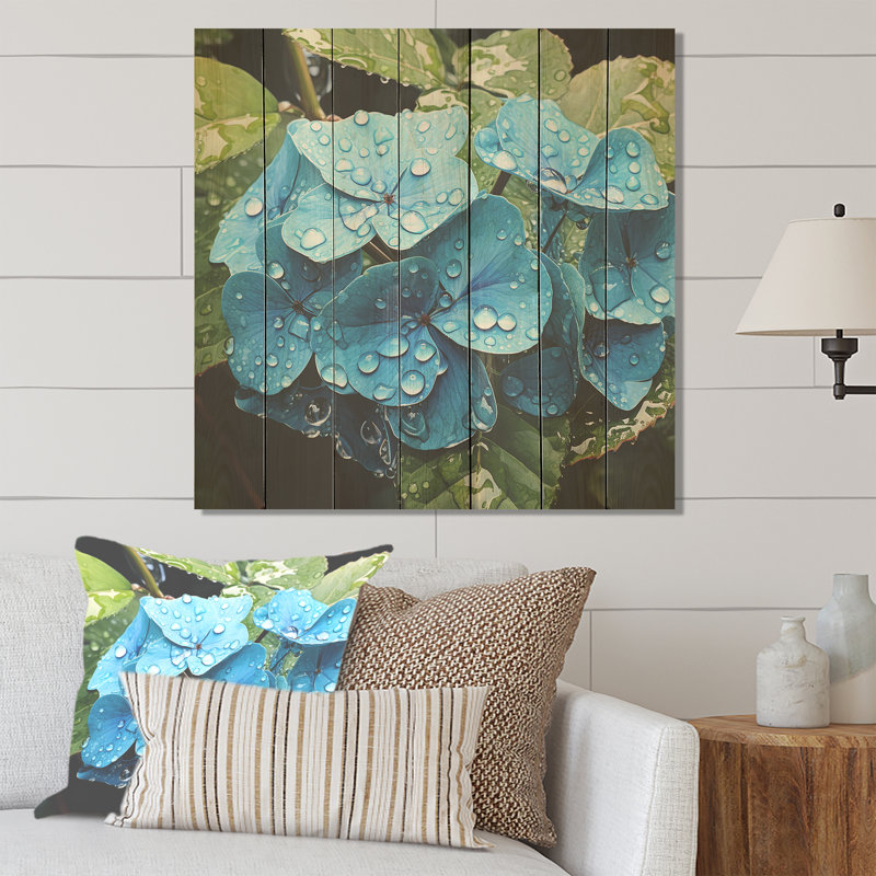«Blue Hydrangea Flower Elegance I» - impression d'hortensia sur bois, H 15 po x l 15 po