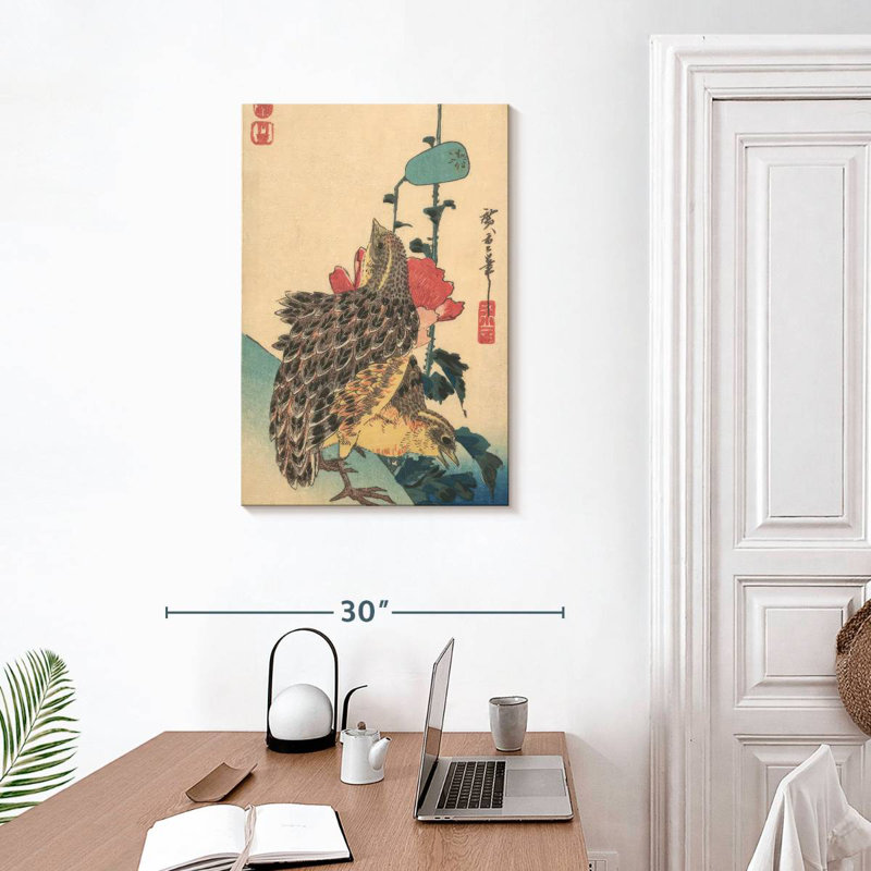Harnek une paire de cailles et de coquelicots, H 30 po x l 20 po