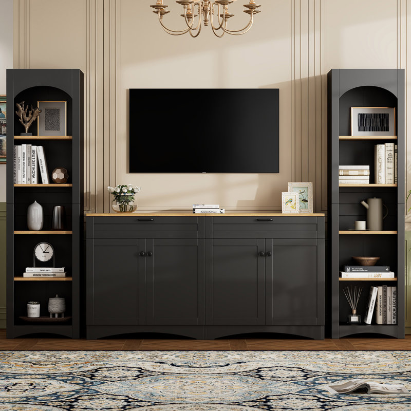 3-Piece Farmhouse Entertainment Center With Storage Cabinet For Tvs Up To 70", Mid-Century Tv Stand With Bookshelf, Rustic Versatile Sideboard With Adjustable Shelves For Living Room
