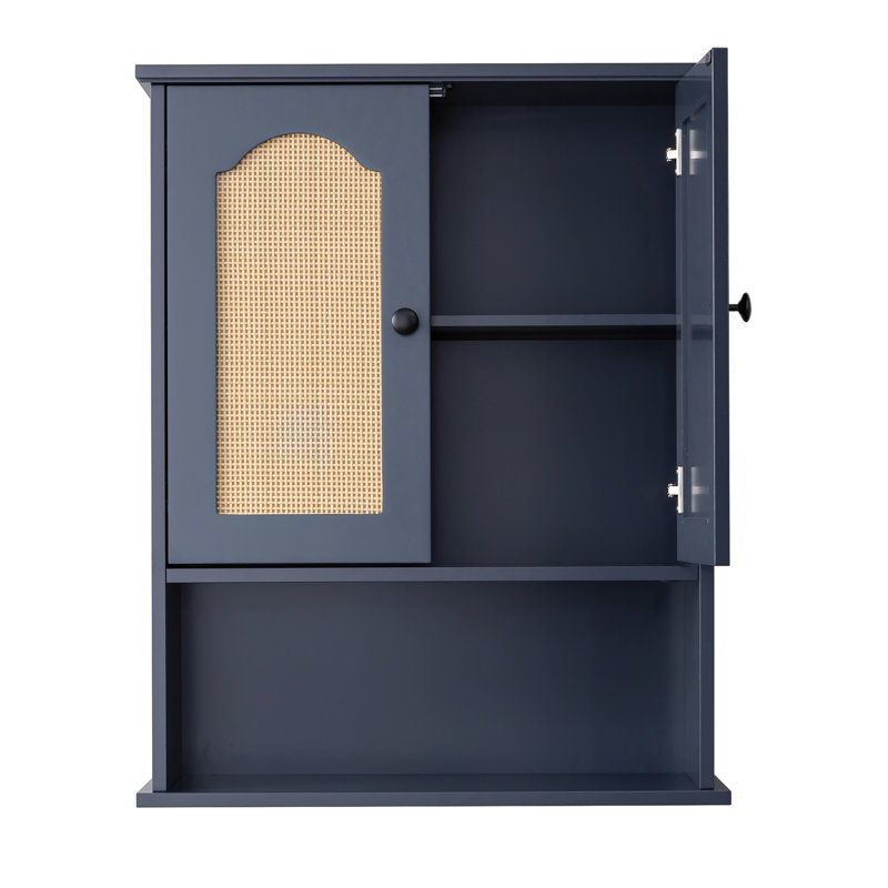 Boho White 2-Door Accent Storage Cabinet with Cane Rattan Doors, Open Shelf, and Contrast Hardware - Modern Farmhouse Style, Grayish Blue