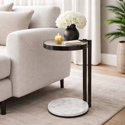 Table d'appoint avec plateau en verre et base en marbre blanc