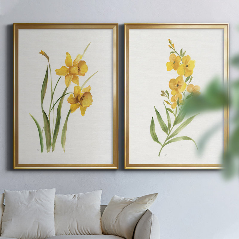 Ochre botanique I - ensemble de 2 reproductions d'art, Pas de tapis, Toile encadrée dorée, H 26,5 po x l 73 po x P 1,5 po