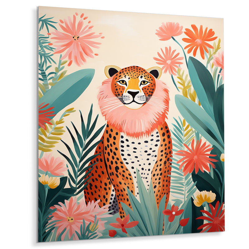 Vert et rose léopard, élégance tropicale IV - art mural en métal animal léopard / guépard, H 44 po x l 34 po x P 1,5 po