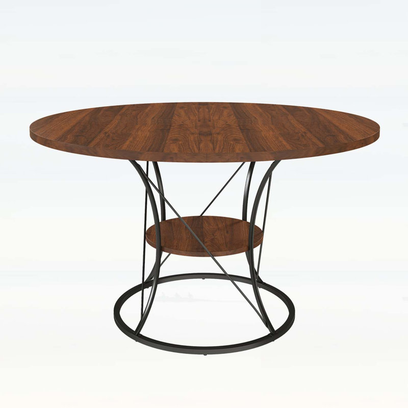 Extendable Round Dining Table with Metal Base and Storage Shelf