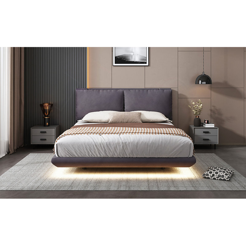 Lit, lit plateforme tapissier avec capteur de lumière et 2 grands dossiers, lit plateforme élégant avec 2 ensembles de port USB et prise sur chaque pied de lit arrière