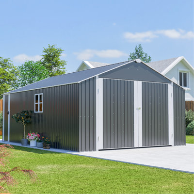 Remise extérieure en métal 1810 capacité 12 x 20 pi avec deux portes à charnières, imperméable et résistante aux intempéries, pour les tondeuses à gazon, espace de rangement pour l'équipement de jardin, double protection