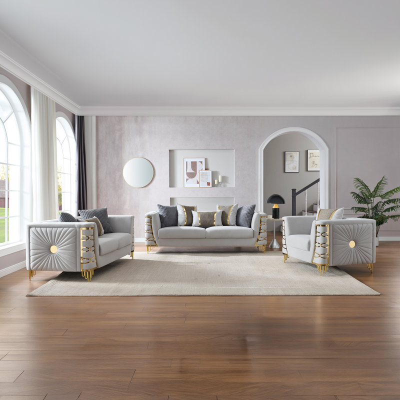 Ensemble de meubles de salon Aurelia Modern Glam avec garniture en acier inoxydable doré, sièges à ressorts ensachés et coussins décoratifs assortis