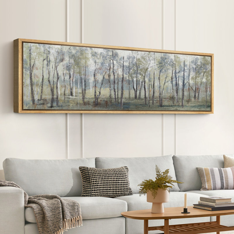 «Green and Blue Tree Forest Landscape», très grand art mural sur toile encadré, H 20 po x l 60 po, Naturel
