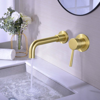 Brushed Gold Wall Mount Bathroom Faucet - Contemporary Curved Edges For Stylish Single Handle With Metal Hardware 2 Installation Holes Required In Design Aerator 360-Degree Rotating Spout And 2.17''