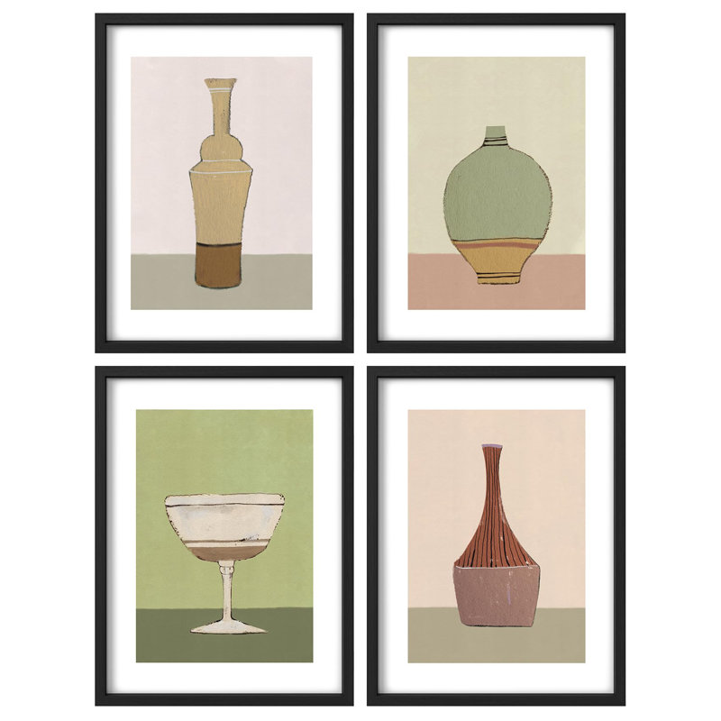 "Décoration murale de style rétro Mid-Century avec bouteilles et vases", 4 pièces, Noir, H 28 po x l 22 po