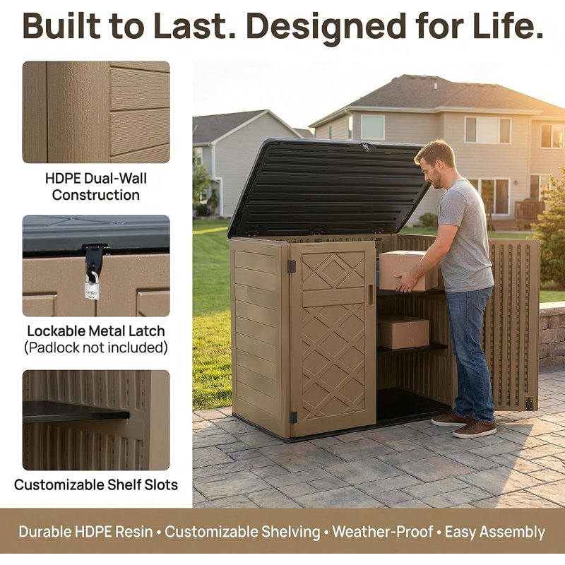 48 Cu. Ft Horizontal Resin Storage Shed, Outdoor Storage Cabinet, Weatherproof, Easy to Assemble, Outdoor Storage Box for Backyards/Patios/Garden, No Shelf (Brown)