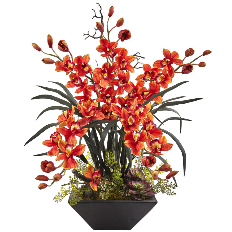 Burgundy Cymbidium Orchid and Succulent Centerpiece with Black Vase
