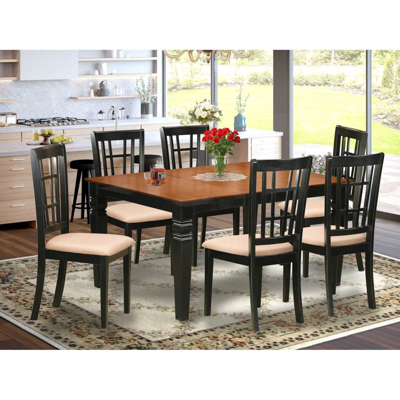7-Piece Solid Wood Top Dining Table with 6 Chairs with Lattice Back, Cherry, Black/Cherry, Faux Leather Incorrect Joint