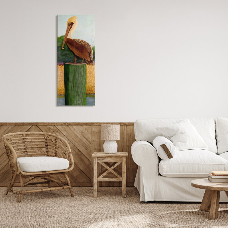 Toile de pélican aux yeux bleus, design par Barbara Fallenbaum, H 40 po x l 17 po