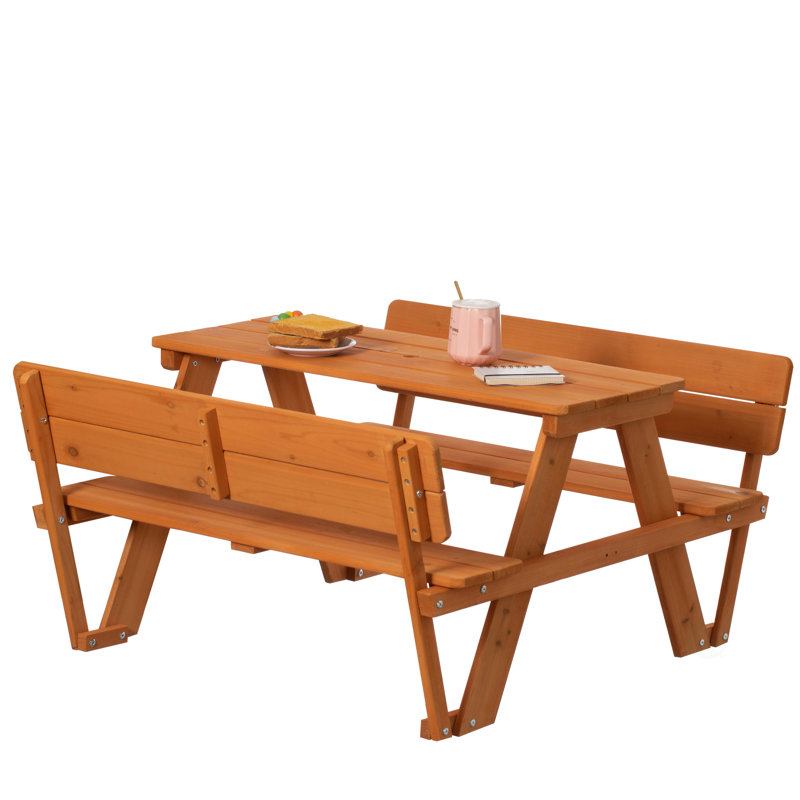 Rustic Fir Wood Kids Picnic Table Bench with Backrest