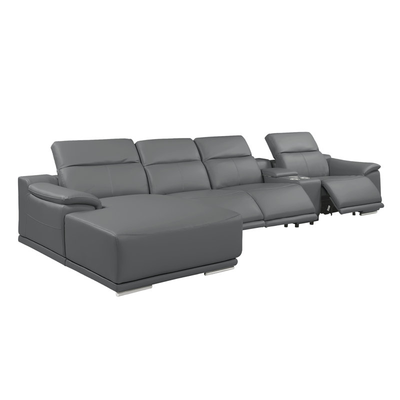Canapé modulaire en cuir véritable gris foncé 5 pièces avec 3 fauteuils inclinables électriques et appuis-tête réglables faisant face à gauche