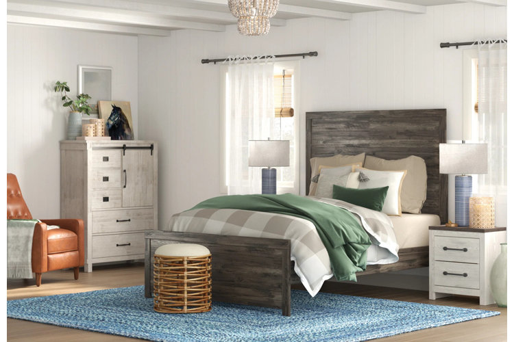 rustic sage green bedroom with wooden furniture