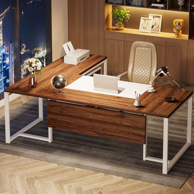 71'' Corner Desk with File Cabinet, Large L Shaped Desk with Mobile Filing Cabinet for Home Office, Walnut/White
