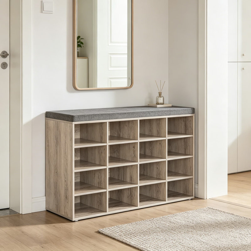 Banc de rangement pour chaussures avec coussin, range-chaussures pour 16 casiers avec tablettes réglables, banc multifonctionnel pour vestibule, couloir, salon, chambre à coucher et garage