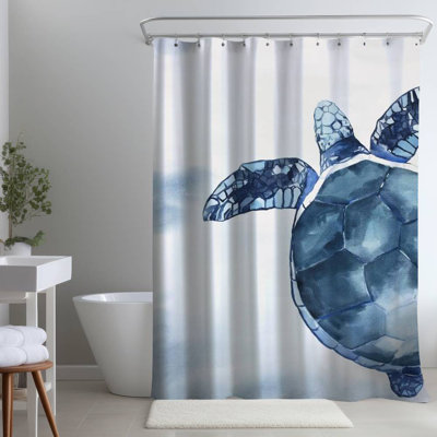 Watercolor Blue Turtle – Polyester Shower Curtain, Dye Sublimation Print, 71" W × 74" L