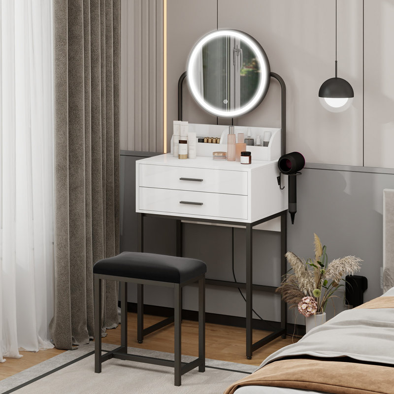 Dressing Table with LED Lighted Mirror, Makeup Vanity Desk with Stool and 2 Drawers, 55CM Desktop, Black