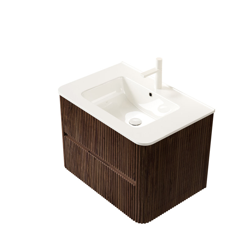 30" Striped Nature Solid Wood Bathroom Vanity with Sink, Modern Wall-Mounted Floating Plywood Bathroom Cabinet, White Ceramic Basin, Pre-assembled, Retro Walnut
