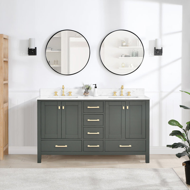 Gollehur 60" Double Bathroom Vanity with Quartz Top, Brushed Gold, Green