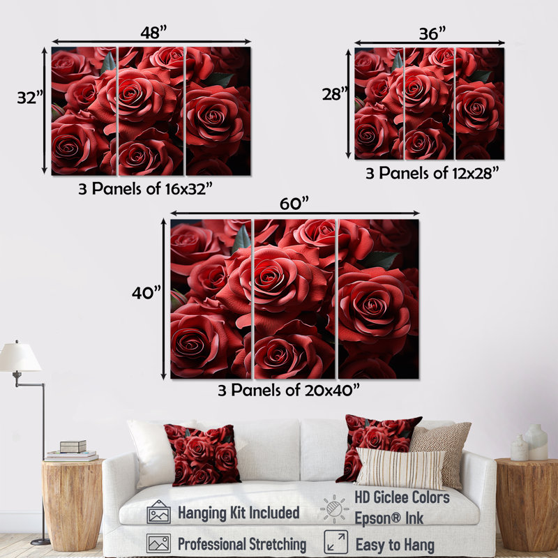 «Crimson Rose Passion - Roses», ensemble d'art mural, H 40 po x l 60 po x P 1 po