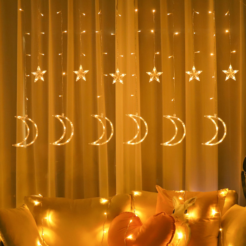 6.56' Curtain Light Led Moon Star Icicle Drops String 8 Mode USB Power for Wall Window Decoration