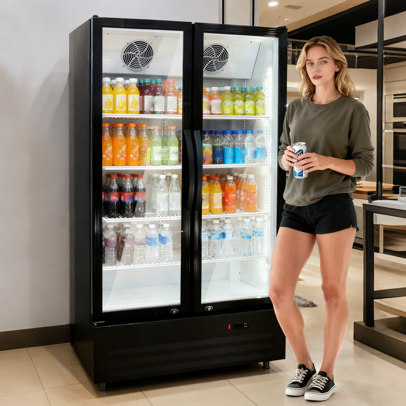 32.8 Cu.ft Double Door Commercial Beverage Cooler - 580-Can Glass Display Fridge | Adjustable Shelves, Frost-Free Air-Cooled, Automatic Door Rebound | for Bar/Restaurant/Supermarket