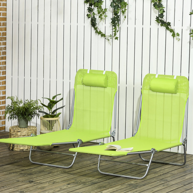 6 Reclining Garden Sun Chairs, 2 Piece , , Breathable Mesh Seat, With Pillow Foldable Beach Lounge Back, For Poolside, Yard, Patio,