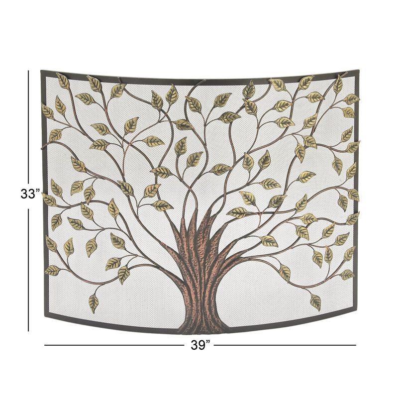 Aashay Bronze Metal Sculpted Relief Single Panel Tree Fireplace Screen with Curved Mesh Netting