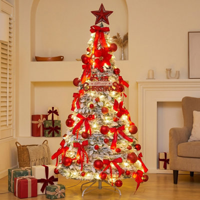 Sapin de Noël artificiel pliable et pré-illuminé, 1,65 m, facile à déplier et à replier, avec décorations, nœuds, étoile et lumières chaudes pour décorer votre maison pendant les fêtes.