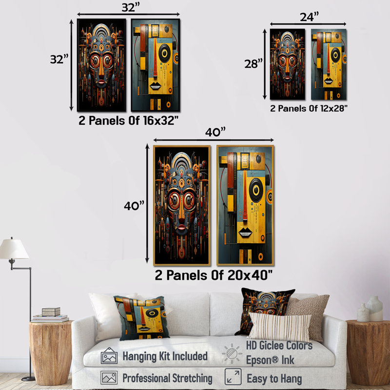 Ensemble de 2 masques jaunes sur toile - masque africain, Encadrement doré, H 40 po x l 41 po