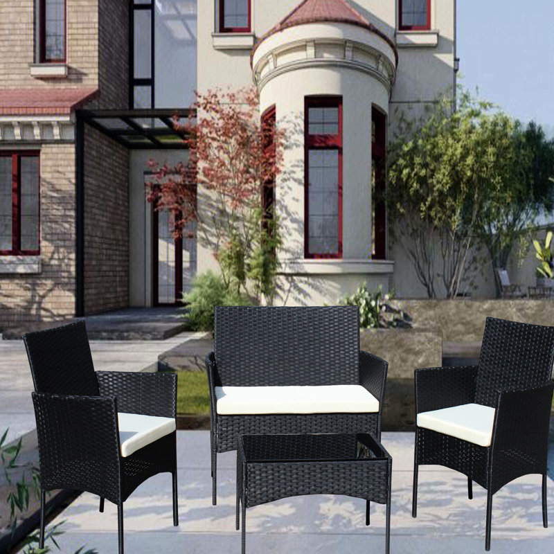 Ensemble de mobilier de jardin 4 pièces - Coussins beiges pour terrasse, comprenant 2 fauteuils et une table basse en verre trempé.