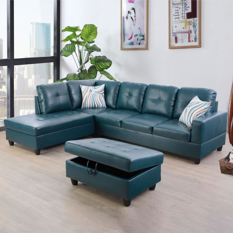 3-Piece Upholstered L-shaped Living Room Sectional, Left Hand Facing, Denim