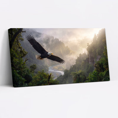 Soaring Bald Eagle Over Misty River Valley Canvas Wall Art