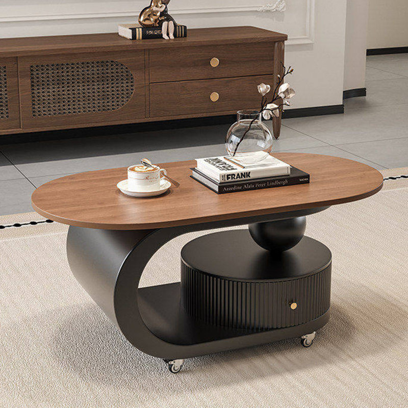 Table basse ovale marron moderne et simple, mobile, avec roulettes et tiroir de rangement, 17.72" H x 31.5" W x 15.75" D