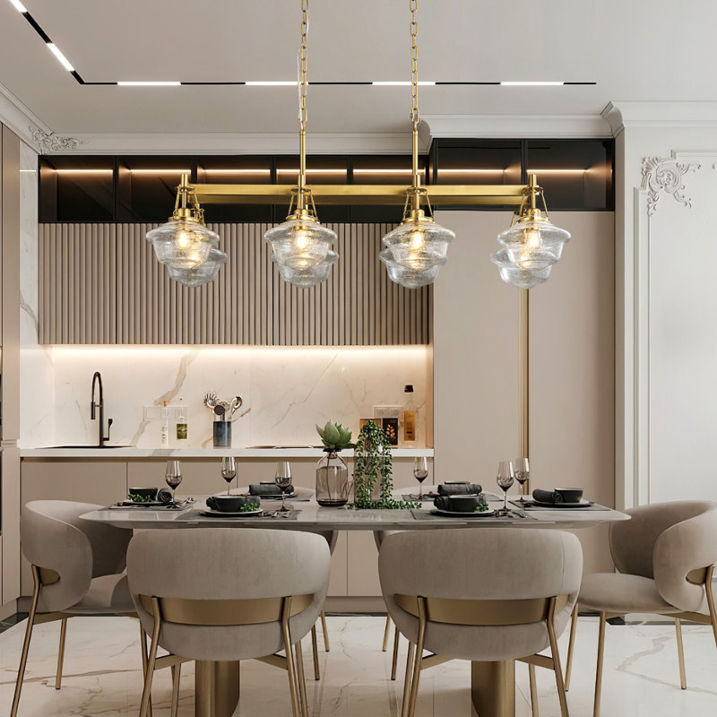 Lustre linéaire à 8 lumières avec abat-jour en verre, chaîne lumineuse suspendue à finition cuivre pour la salle à manger, le salon et le vestibule, ampoules DEL E26 incluses