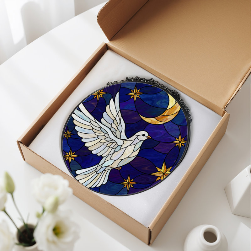 7.8"H Dove Night Stained Glass Window Panel, 7.8" H x 7.8" W