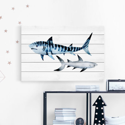 'Sharks Duo' Art Print on White Wood