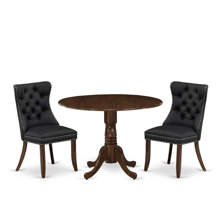 3-Piece Antique Walnut Finish Solid Wood Top-Round Upholstered Dining Room Set with Dropleaf-Seats 4, Acacia Walnut, Black