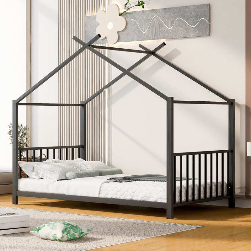 Metal House Platform Bed, Black